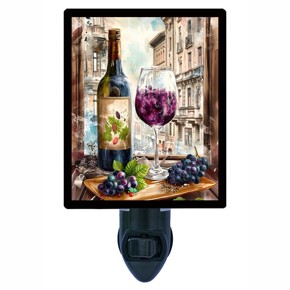 Wine and Grapes Night Light  Rustic Red Wine Bottle with Glass and Vineyard Fruit Still Life Kitchen Dcor  Includes Free Switchable Insert