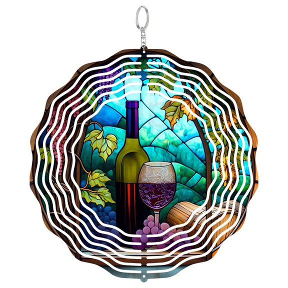 Wine and Grapes Wind Spinner Metal Outdoor Decor Stained Glass Multi-color