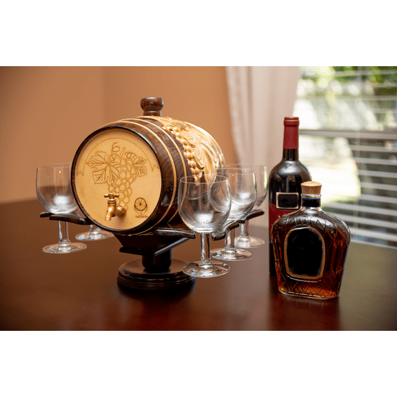 Wine and Whiskey Barrel With Rotating Glass Rack , Handmade and Handcrafted