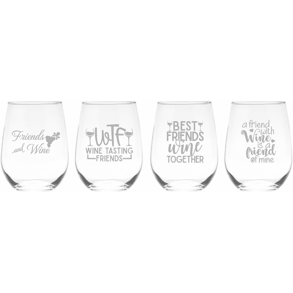 C&M Personal Gifts 17oz Wine Friends Stemless Wine Glass Set of 4