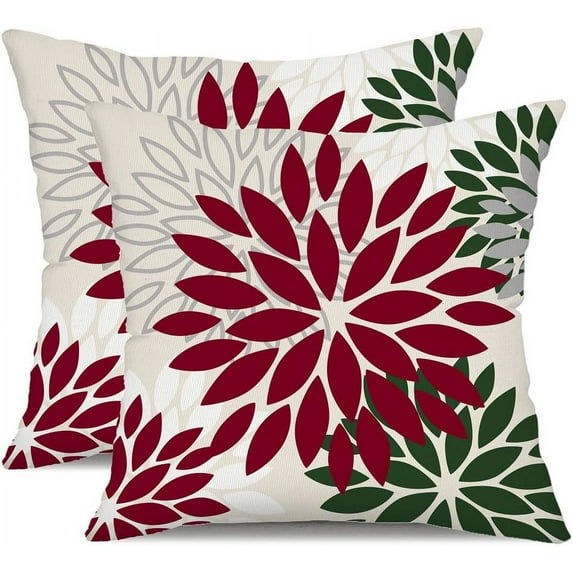 red Dark Green Flower Pillow Covers 18x18 Inch Set of 2 Outdoor Throw Pillows Outdoor Waterproof Decor for Living Room Sofa Patio Funiture Garden Floral Linen Cushion Case