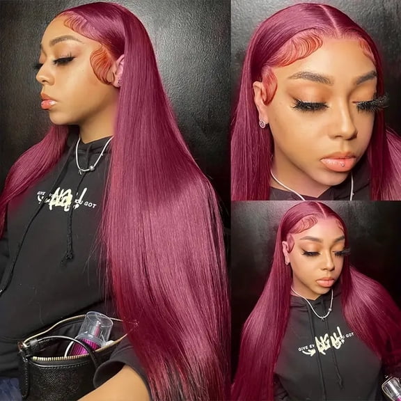 Wine red long straight hair wig for women daily natural lace front wig