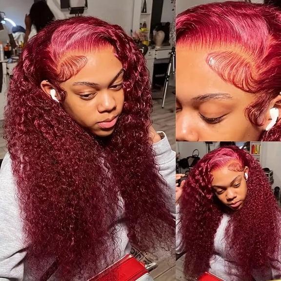 Wine red small curly wig hot sale front lace small curly long curly full head wig