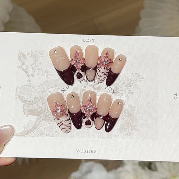 [Wine stained grapes] Temperament Royal sister style burgundy French lines smudged, carved, pasted diamonds, wearing armor