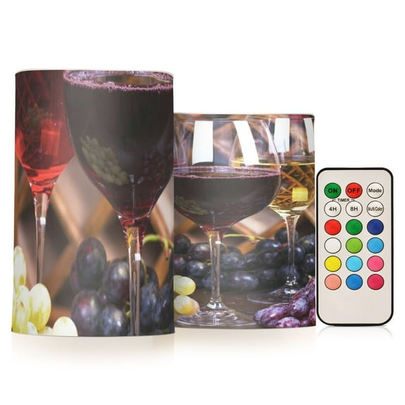 Wine with Grapes Flickering Flameless Candles Battery Operated with Remote Timer LED Pillar Candles Set of 2