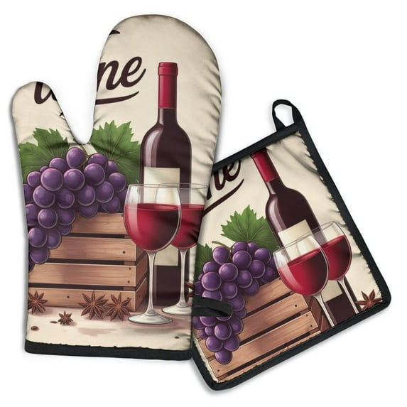 Wine with Grapes Kitchen Oven Mitt and Pot Holder Sets 2 Pcs for Baking, Cooking and Grilling, Heat Resistant Up To 392 °F
