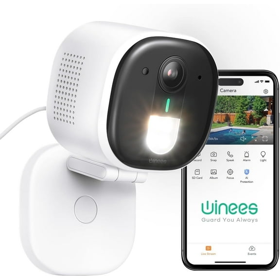 Winees Smart Security Camera with Spotlight, PIR Detection, 2K 2.4G Wi-Fi Indoor Camera, Wired Outdoor Waterproof Surveillance Camera with Color Night Vision, 2-Way Audio