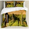 thumbnail image 1 of Winery Duvet Cover Set, Bottle and Glass of Wine and Vineyards of Sunset Countryside Romantic Evening View, Decorative 3 Piece Bedding Set with 2 Pillow Shams, Queen Size, Green Orange, by Ambesonne, 1 of 3