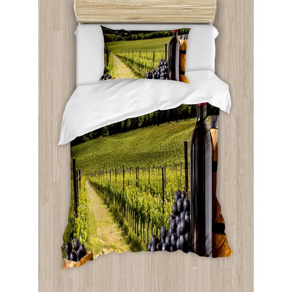 Winery Duvet Cover Set, Red Wine Bottles with Grapes on Timber Board Tuscany Italian Terrace Scenery, Decorative 2 Piece Bedding Set with 1 Pillow Shams, Twin Size, Green Blue Brown, by Ambesonne