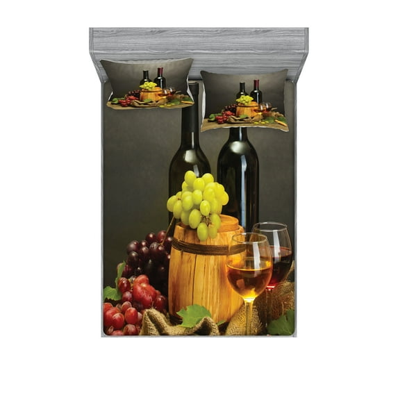 Winery Fitted Sheet & Pillow Sham Set, Cask Bottles and Glasses of Wine and Ripe Grapes on Wooden Table Picture Print, Decorative Printed 6 Piece Bedding Decor Set, Queen, Multicolor, by Ambesonne