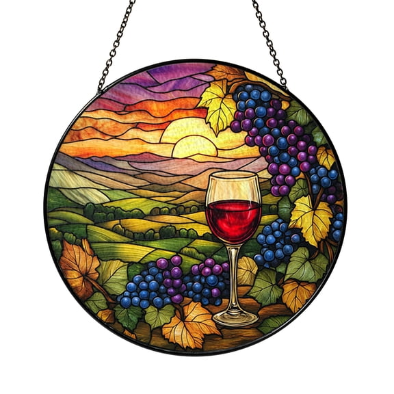 Winery Grapes and Wine Glass Stained Glass Style Round Artwork, Refined Vineyard Decor