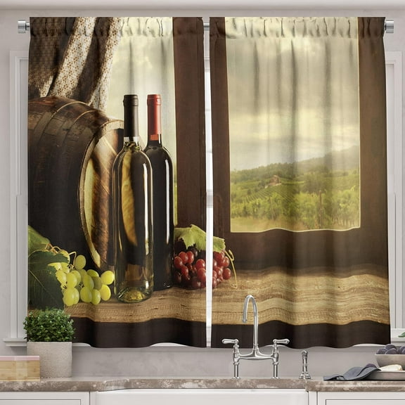 Winery Kitchen Curtains, Dark Clouds Over Vineyard Rainy Weather View from Window of Farmhouse Scenery, Window Drapes 2 Panel Set for Kitchen Cafe Decor, 55" X 39", Green Brown