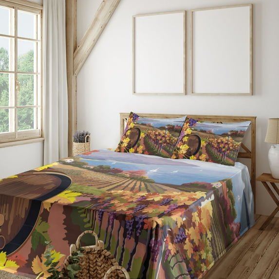 Ambesonne Winery Fitted & Top Sheet Set with Shams, Cartoon Vineyard Grapes, Blue Yellow