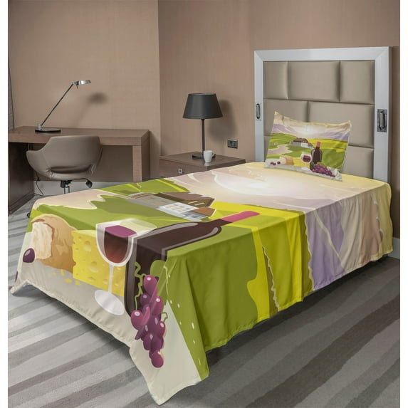 Ambesonne Winery Fitted & Top Sheet Set with Sham, French Countryside Scene, Green Purple Cream