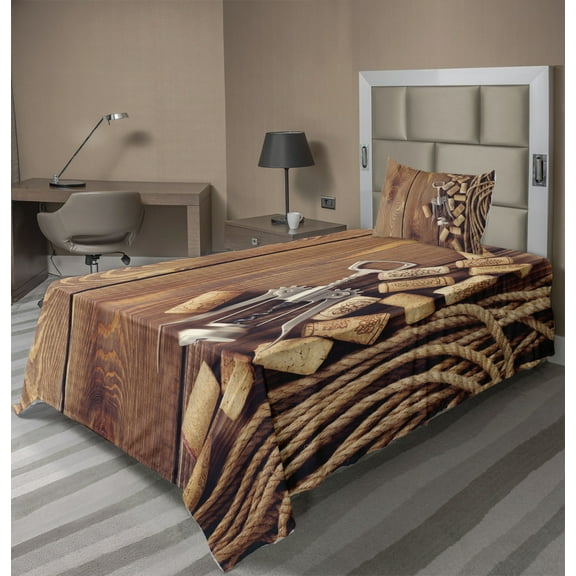 Ambesonne Rustic Fitted & Top Sheet Set with Sham, Wooden Table Wine Corks, Brown