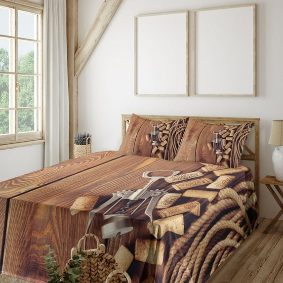 Ambesonne Rustic Fitted & Top Sheet Set with Shams, Wooden Table Wine Corks, Brown