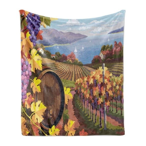Winery Soft Flannel Fleece Blanket, Countryside Landscape Vineyard Agriculture Winemaking Season Grapes in Farm Print, Cozy Plush for Indoor and Outdoor Use, 50" x 70", Blue Yellow, by Ambesonne