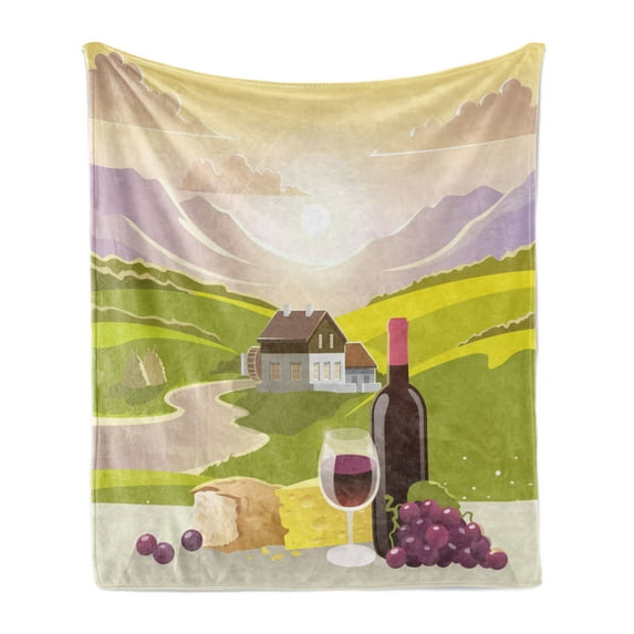 Winery Soft Flannel Fleece Blanket, Wine Cheese Bread with Mountain Landscape in French Rurals Pastoral Scenery, Cozy Plush for Indoor and Outdoor Use, 70" x 90", Green Purple Cream, by Ambesonne