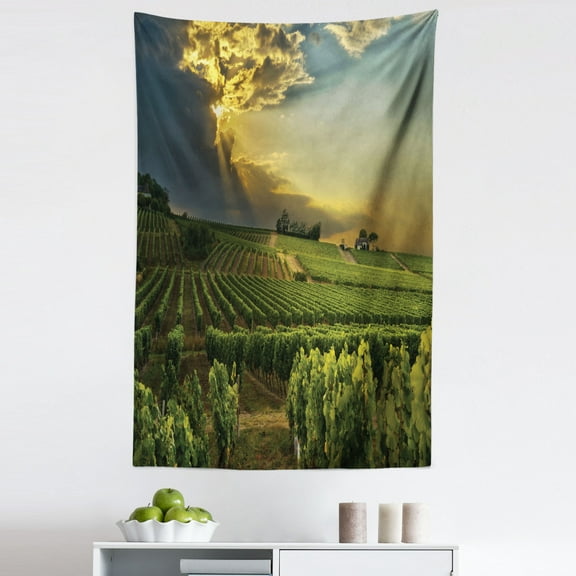 Winery Tapestry, Sunset over the Vineyards of the South of France Sunbeams Cloudscape Picture, Fabric Wall Hanging Decor for Bedroom Living Room Dorm, 5 Sizes, Green Yellow Grey, by Ambesonne