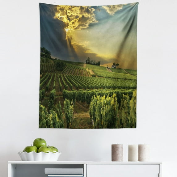 Winery Tapestry, Sunset over the Vineyards of the South of France Sunbeams Cloudscape Picture, Fabric Wall Hanging Decor for Bedroom Living Room Dorm, 5 Sizes, Green Yellow Grey, by Ambesonne