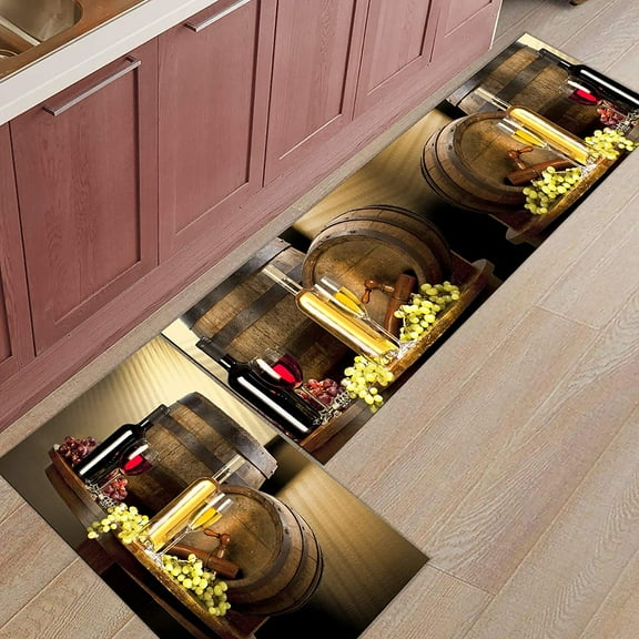 Wines Kitchen Rug Set 2 Piece, Non Slip Kitchen Rugs and Mats Cushioned Anti Fatigue Kitchen Floor Mat Comfort Standing Kitchen Mat Set Wine Glass Wooden Barrel Grape Fruit Retro Style