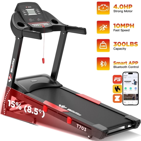 Winfita 15% Auto Incline Treadmill for Home, Folding Treadmill 300 Lbs Capacity, 4.0HP Walking Pad Treadmill, Pulse Monitor, BMI Detector, 50"x18"
