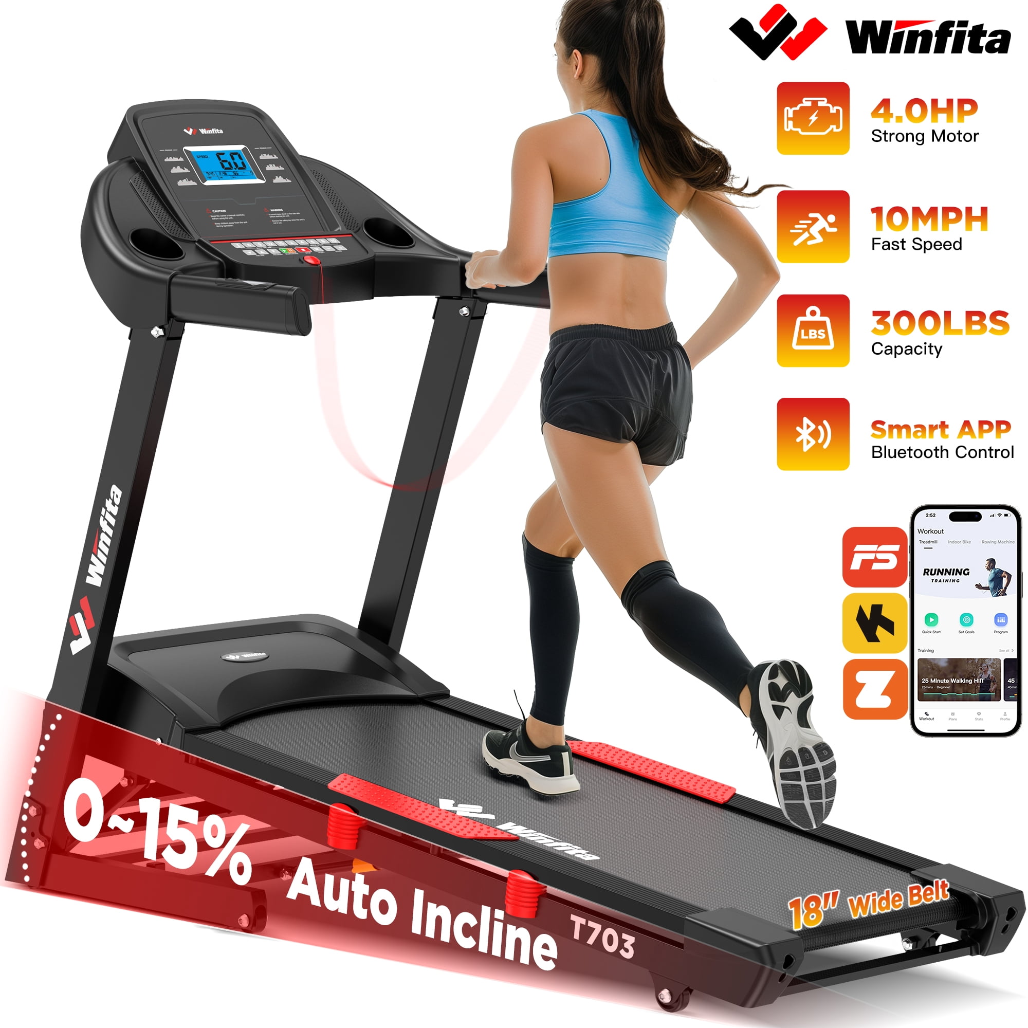Winfita 4HP Folding Treadmill with Incline, Speed, LCD Display, 70 Programs, 300 lb Capacity