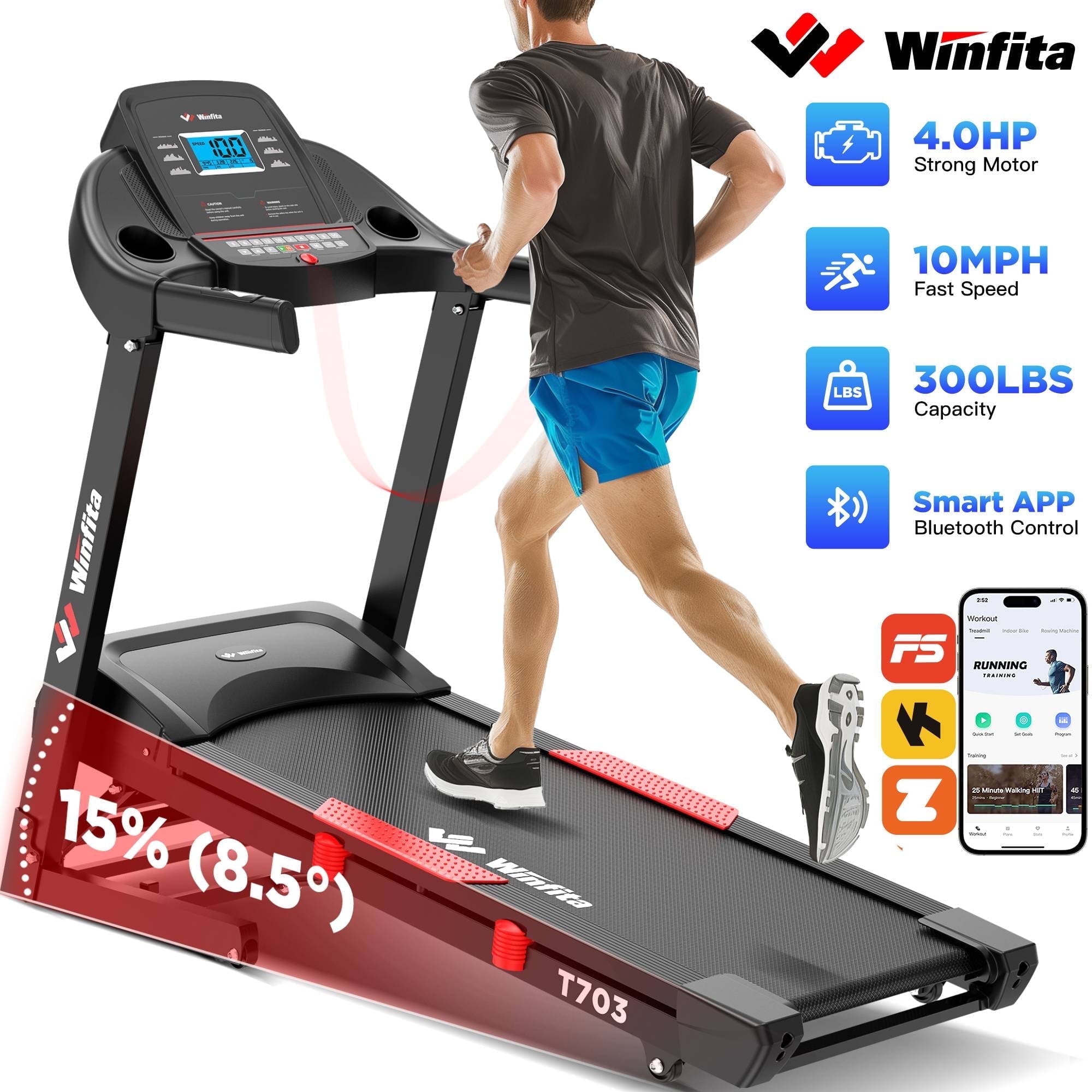 Winfita 4HP Folding Treadmill for Home with 15% Auto Incline, 300 lb Capacity Portable Treadmill Running Walking Machine, 10MPH Speed, 18"x50"Wide Belt, FREE App & Bluetooth, LCD Display, 70Programs