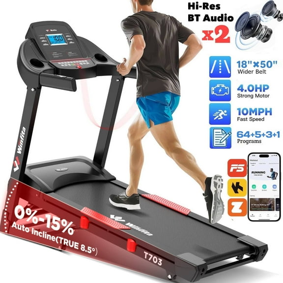 Winfita 4HP Folding Treadmill for Home with 15% Auto Incline, 300 lb Capacity Portable Treadmill Running Walking Machine, 10MPH Speed, 18"x50"Wide Belt, FREE App & Bluetooth, LCD Display, 70Programs