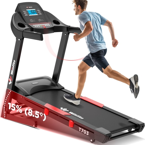 Winfita Folding Treadmill with 15% Auto Incline, 4HP Treadmill with 18" Wide Belt, 300 lb Capacity, Smart App Control