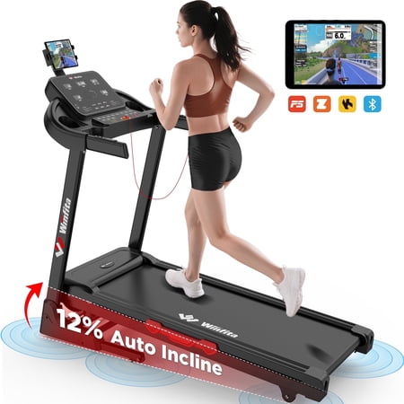 Winfita Treadmills for Home, Treadmill with 0-12% Auto Incline, 3.5HP Folding Treadmills for Running Walking with 300LBS Weight Capacity, Incline Treadmill Equipped with Bluetooth & Pulse Monitor
