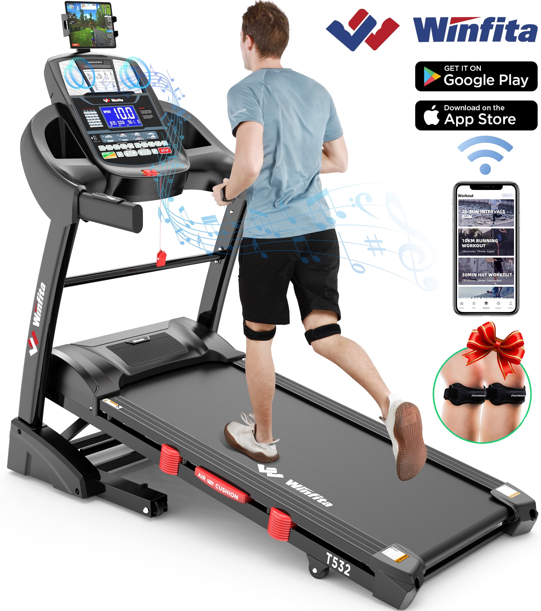 Winfita Foldable Treadmill with APP Control, 15 Level Auto Incline