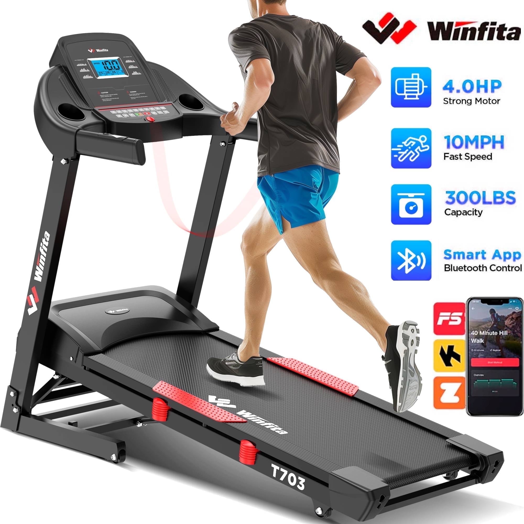 Winfita 4.0HP Folding Treadmill for Home w/ 15% Auto Incline, 300LB Capacity, 10MPH Speed, 18''x50''Belt, App & Bluetooth Speaker, LCD Display, 70Programs, Portable Treadmill Running Walking Machine