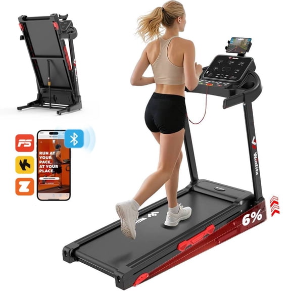 Winfita Foldable Treadmill with Incline, 8MPH, Quiet Belt, Shock Absorption, Heart Rate Monitoring, 17-Inch Wide Belt, APP, 6% Manual Incline