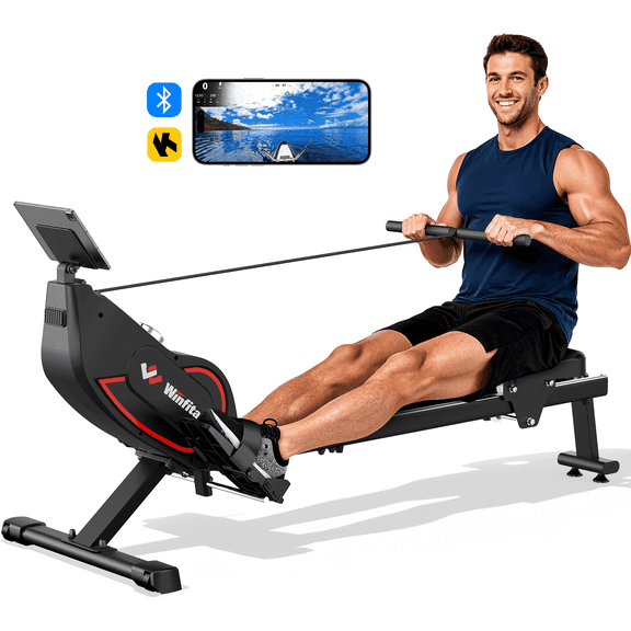 Winfita 32 Levels Self-Powered Rowing Machine, Magnetic Rower for Home Use, 115LBS High Resistance, Dual Slide Rail, App Compatible, 350lb Weight Capacity