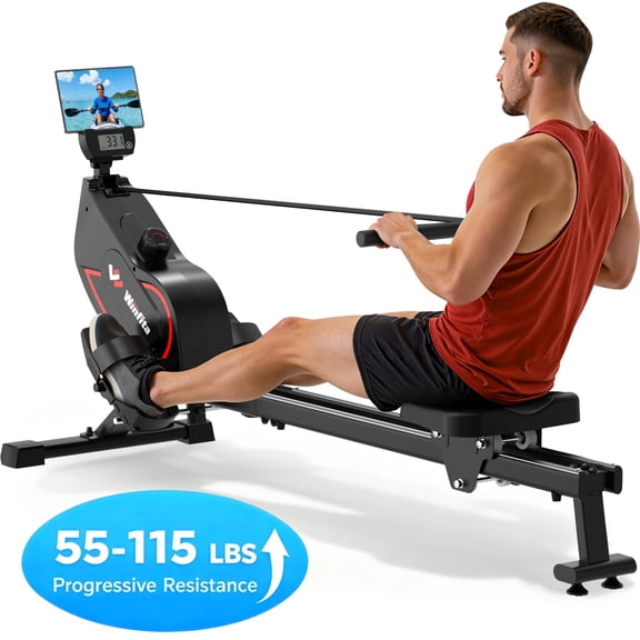 Winfita Magnetic Rowing Machine 350lbs Weight Capacity, 16 Levels of Quiet Resistance, Foldable Bluetooth Rowing Machine for Home Gym Exercise, Dual Slide Rail, LCD Display, Ergonomic Seat