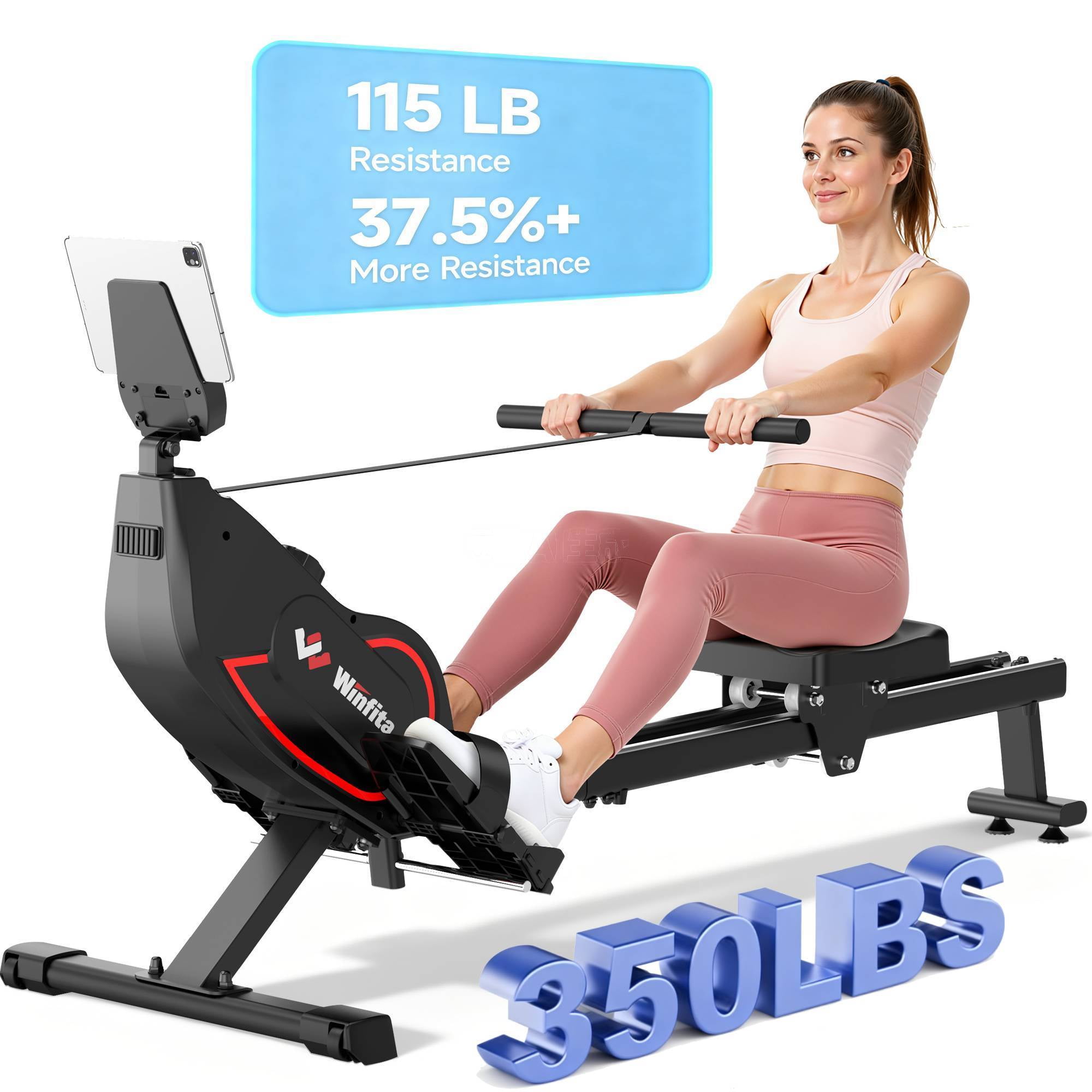 Winfita Magnetic Rowing Machine 350lbs Weight Capacity, 16 Levels of Quiet Resistance, Foldable Bluetooth Rowing Machine for Home Gym Exercise, Dual Slide Rail, LCD Display, Ergonomic Seat