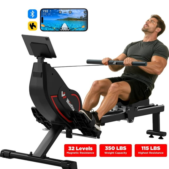 Winfita Rowing Machines for Home, Quiet Row Machine with 61" Extended Rail, 32-Level Powerful Magnetic Rower and 350 LBS Weight Capacity