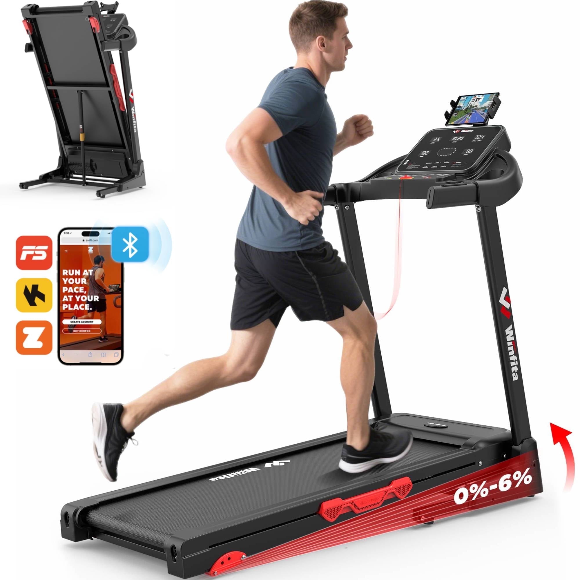 Winfita 3.5HP Folding Treadmill for Home, Incline, LED Display, Bluetooth, 70 Programs, Adjustable Tablet Holder, 0.6-8MPH, 300 lb Capacity