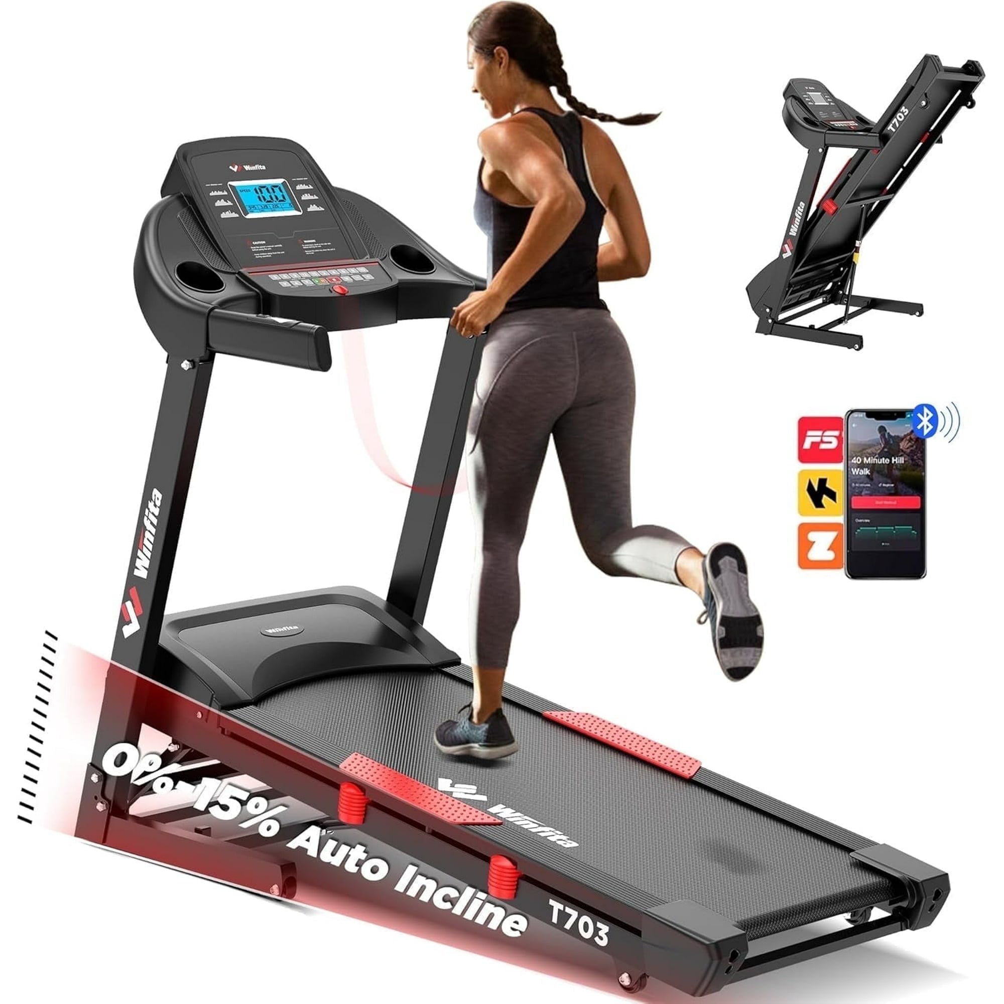 Winfita Treadmill with Incline 300 Lbs Capacity, Automatic Incline Treadmills for Home, Portable Walking Treadmill with Handles, Electric Folding Workout Treadmills