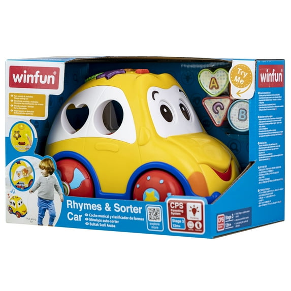 Winfun: Rhymes & Sorter Car - Lights & Sounds, Pull Along & Shapes Toy, 2 Modes: Play & Music Mode, Gross Motor Development, Baby & Toddler Age 12mo+