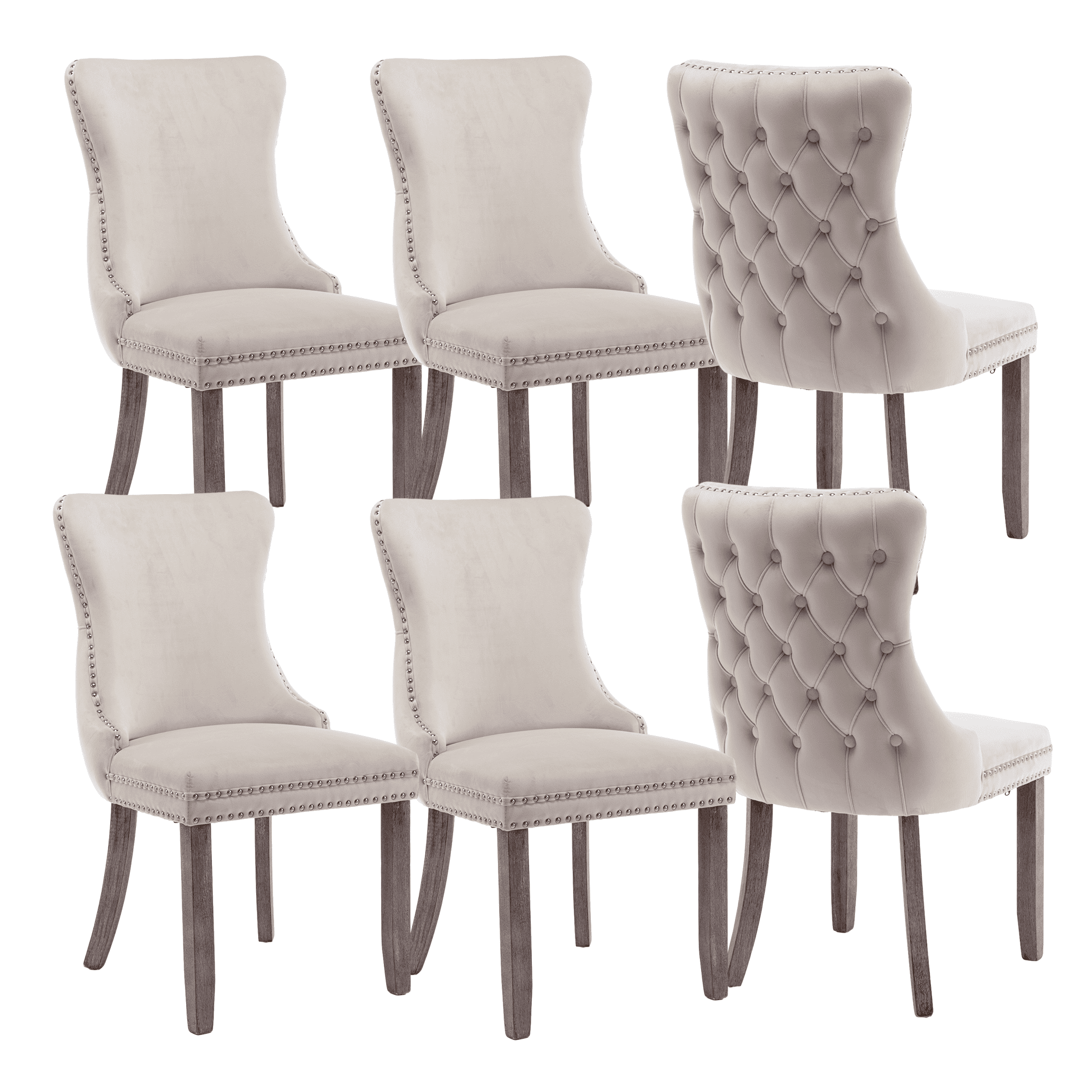 Wing-Back Button Tufted Dining Chairs, High-end Velvet Upholstered Dining Chairs with Nailhead Back and Solid Wood Legs, Solid Wood Dining Chairs for Kitchen Bedroom Dining Room (Beige,Set of 6)