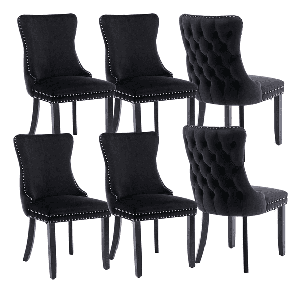 Wing-Back Button Tufted Dining Chairs, High-end Velvet Upholstered Dining Chairs with Nailhead Back and Solid Wood Legs, Solid Wood Dining Chairs for Kitchen Bedroom Dining Room (Black,Set of 6)