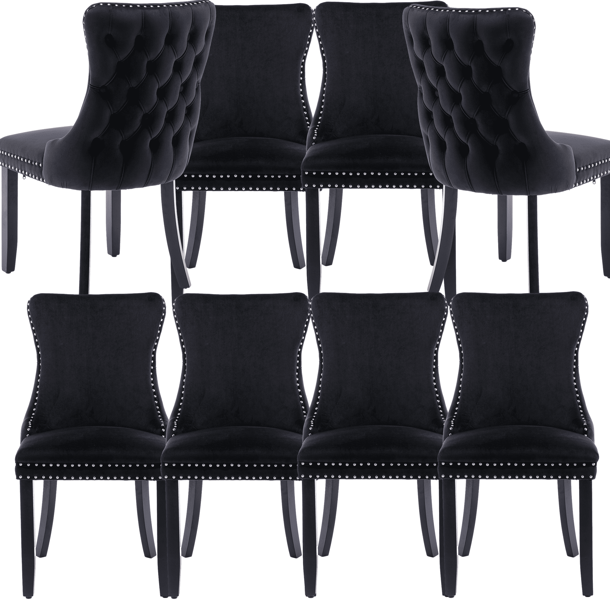 Wing-Back Button Tufted Dining Chairs, High-end Velvet Upholstered Dining Chairs with Nailhead Back and Solid Wood Legs, Solid Wood Dining Chairs for Kitchen Bedroom Dining Room (Black,Set of 8)