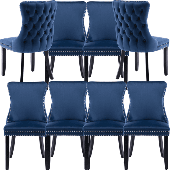 Wing-Back Button Tufted Dining Chairs, High-end Velvet Upholstered Dining Chairs with Nailhead Back and Solid Wood Legs, Solid Wood Dining Chairs for Kitchen Bedroom Dining Room (Blue,Set of 8)