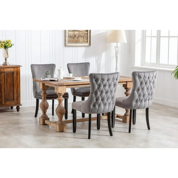 Wing-Back Button Tufted Dining Chairs, High-end Velvet Upholstered Dining Chairs with Nailhead Back and Solid Wood Legs, Solid Wood Dining Chairs for Kitchen Bedroom Dining Room (Gray,Set of 4)