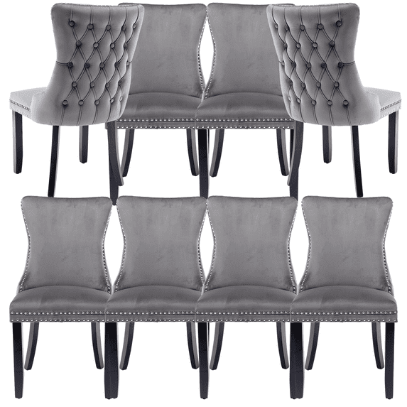 Wing-Back Button Tufted Dining Chairs, High-end Velvet Upholstered Dining Chairs with Nailhead Back and Solid Wood Legs, Solid Wood Dining Chairs for Kitchen Bedroom Dining Room (Gray,Set of 8)