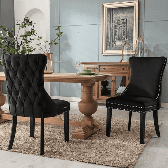 DONICK Wing-Back Dining Chair,Kitchen & Dining Room,Velvet,Soild Wood,Nailhead Trim(Black,Set of 2)