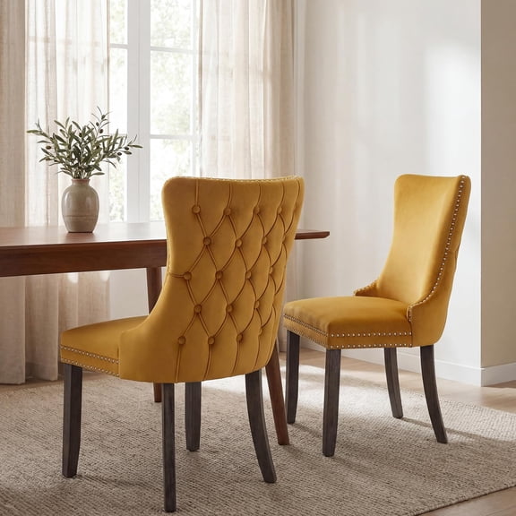 DONICK Wing-Back Dining Chair,Kitchen & Dining Room,Velvet,Soild Wood,Nailhead Trim(Yellow,Set of 2)