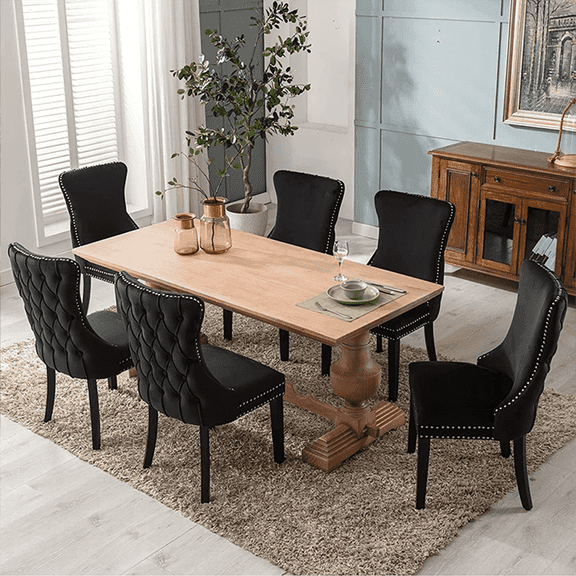 DONICK Wing-Back Dining Chair,Kitchen & Dining Room,Velvet,Soild Wood,Nailhead Trim(Black,Set of 6)